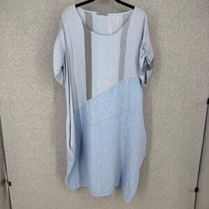 Angela Mara Linen Lagenlook Midi Dress Size L Blue Asymmetric Boho Pockets Beach